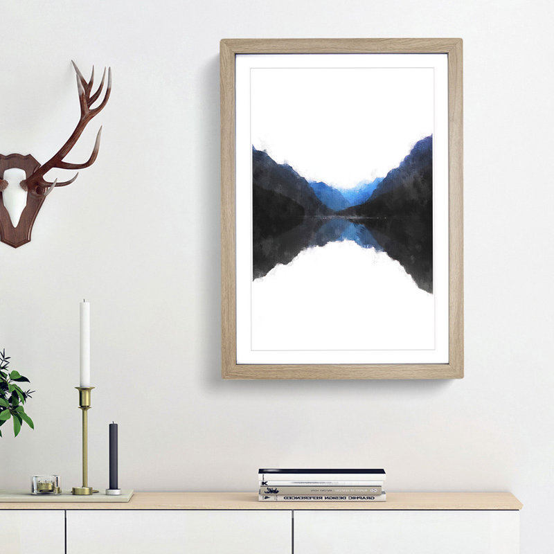 Mountains Reflecting - Single Picture Frame Painting on MDF, 87cm H x 62cm W x 2cm D, Oak Framed