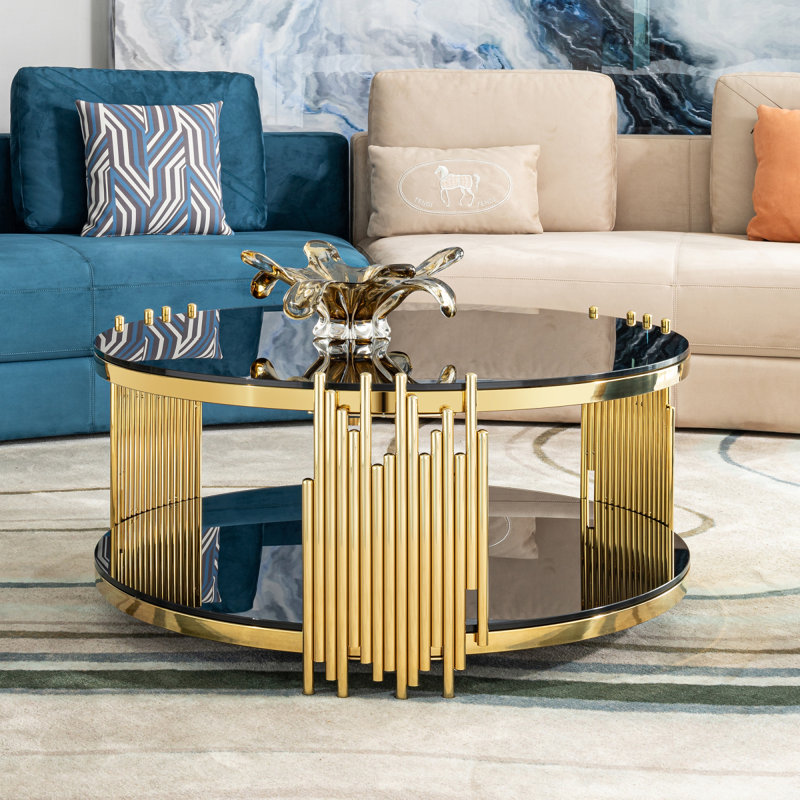 Table basse ronde à double couche en acier inoxydable avec plateau en verre trempé noir pour le salon