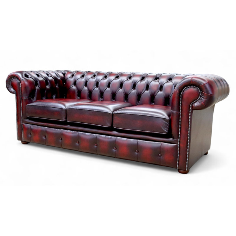  3 Seat Chesterfield Sofa In Antique Leather, Antique Oxblood