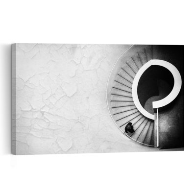 Tableau mural représentant une figure solitaire dans un escalier en colimaçon, une architecture géométrique minimaliste abstraite