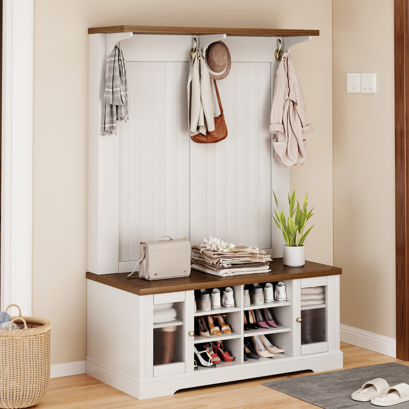 Arbre d'entrée avec banc et rangement, 6 compartiments ouverts, 6 crochets, style Mid-Century moderne