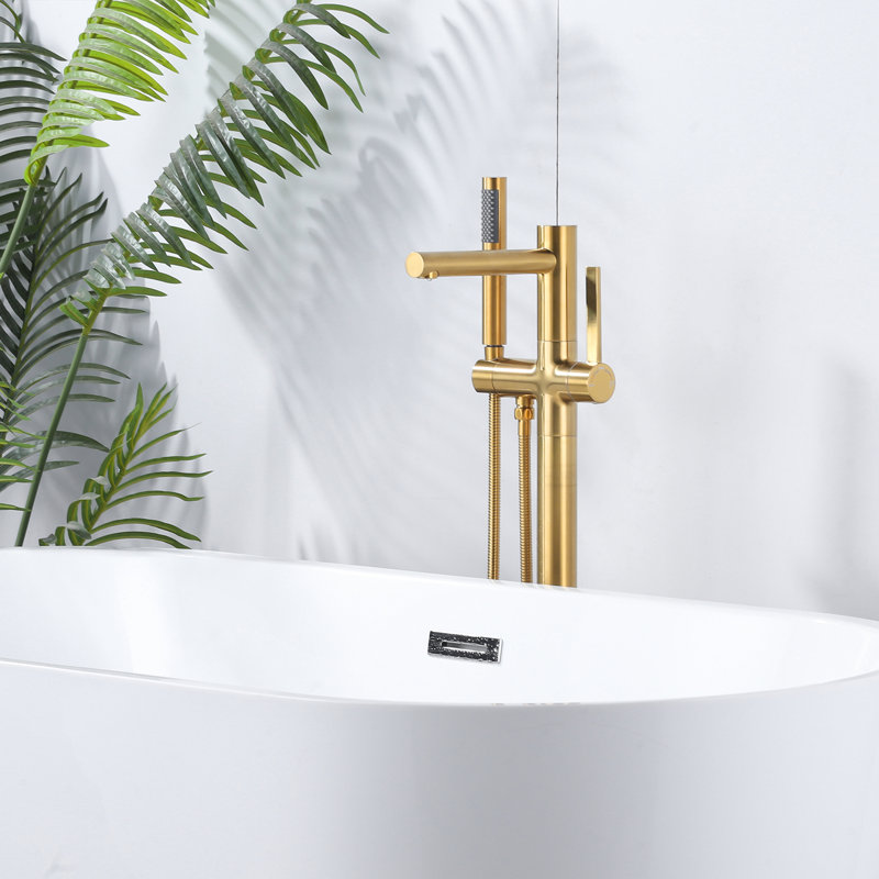 Robinet de baignoire autoportant à 2 poignées avec douche à main en or brossé