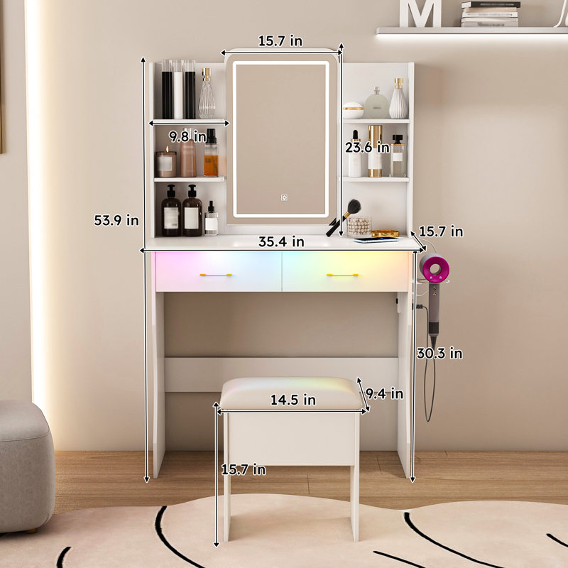Bureau de meuble-lavabo de luxe blanc avec éclairage réglable, 2 tiroirs et 6 tablettes ouvertes pour le système d'éclairage de la coiffeuse, des ports et du rangement pour chambre