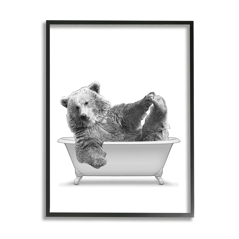 Ours jouant dans la baignoire, art de la giclée noire encadrée par Annalisa Latella, H 24 po x l 30 po x P 1,5 po