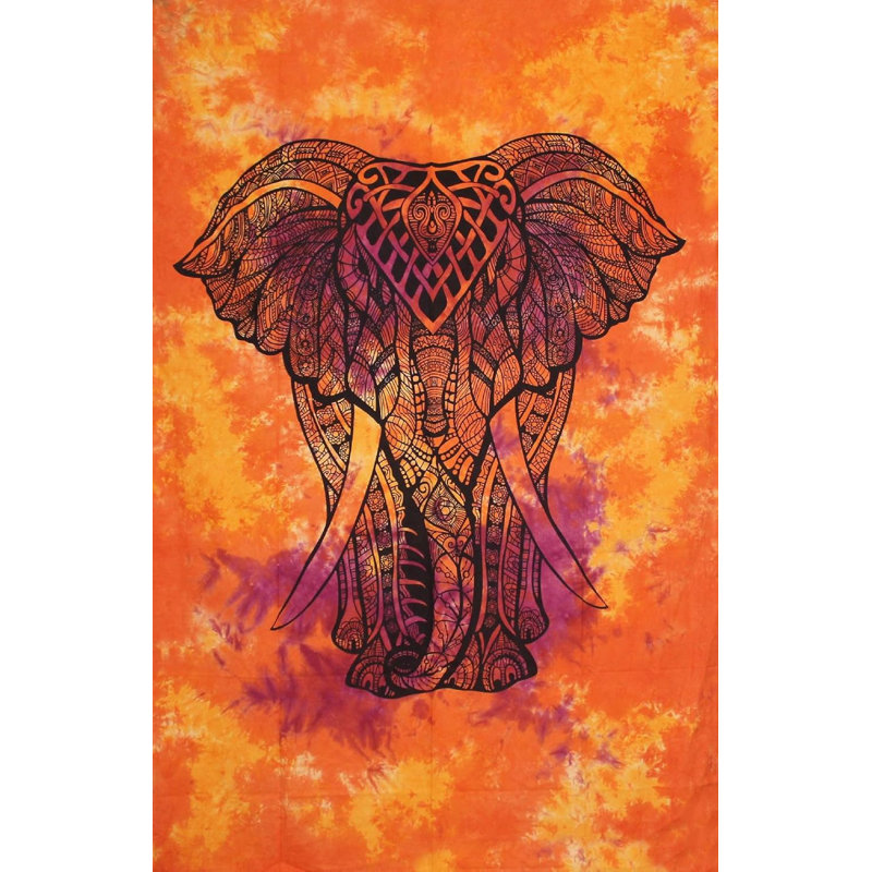 Tapisserie d'éléphant en coton tissée à la main - Décoration murale multicolore orange et jaune pour la maison ou le bureau