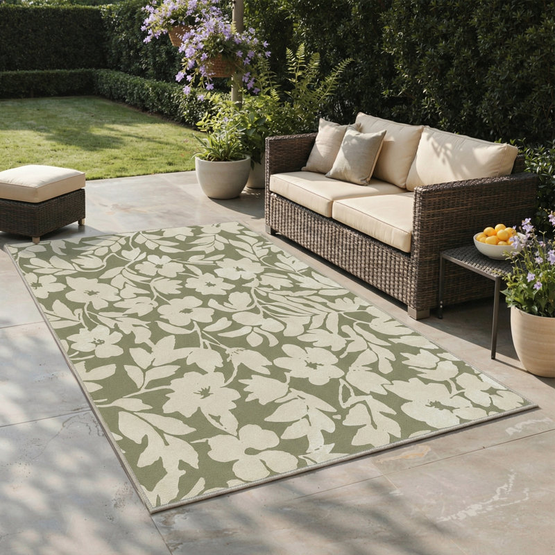 Vilve Floral Machine Washable Beige/Sage Green Indoor Area Rug With Non-Slip Backing, Rectangle 8' x 10'