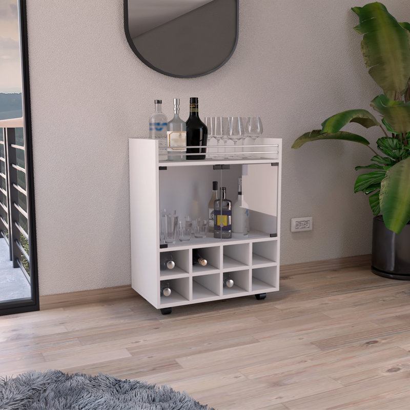 Chariot-bar St Andrews avec support intégré pour 8 bouteilles, armoire à double porte vitrée et surface supérieure bordée d'aluminium