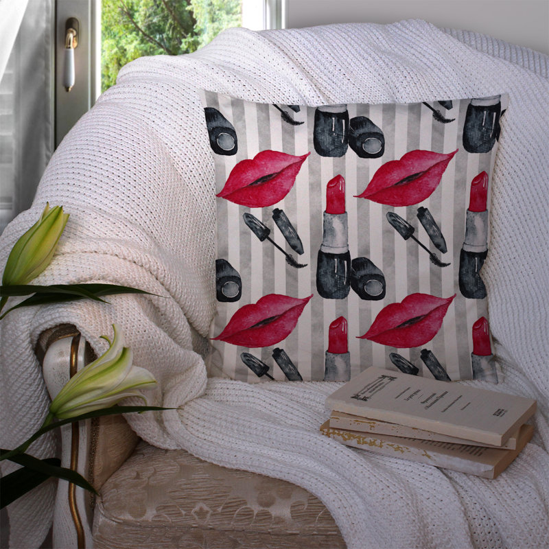  Coussin extérieur rouge à lèvres et rayures, 14 po x 14 po