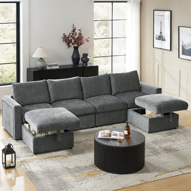 Doulyn 6-Piece Storage Modular Sectional Sofa with Multi-Functional Armrests, Gray Polyester Blend