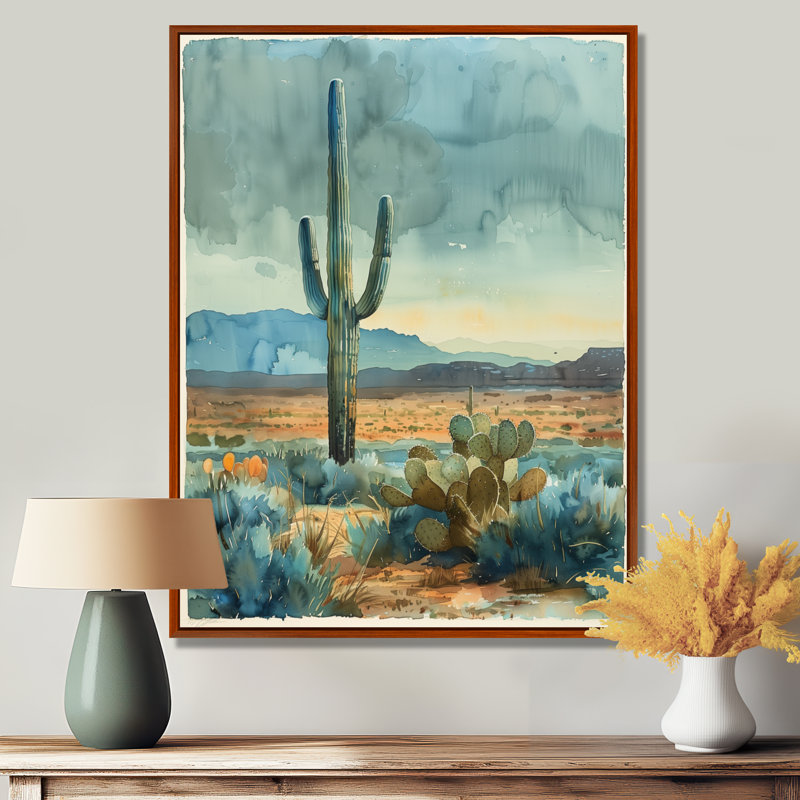 Cactus vert et gris, désert, rêve I - art mural floral cactus, Toile avec cadre flottant brun, H 44 po x l 34 po x P 1,5 po