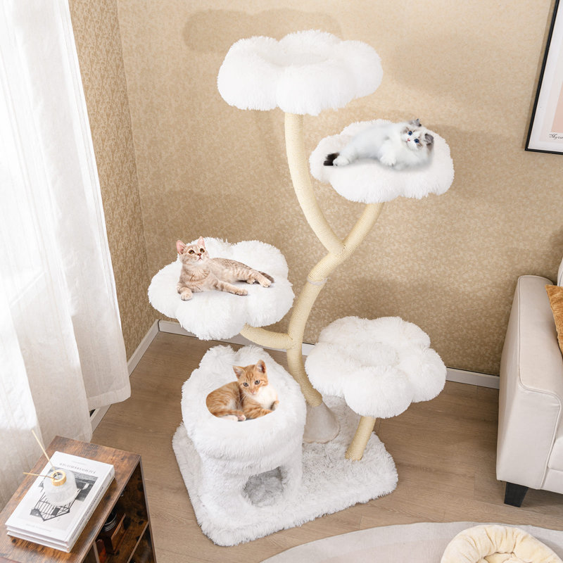 Freestanding Cat Tower Tall Cat Tree w/Flower-shaped Platforms-White