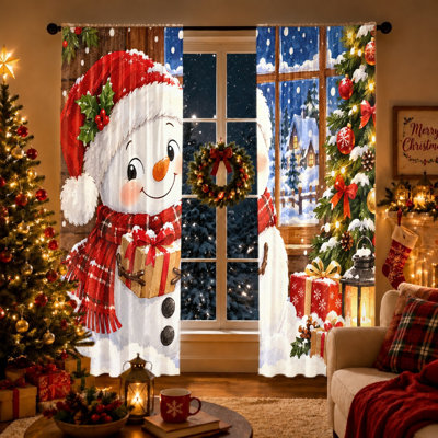 2Pcs Christmas Snowman Curtains, Festive Winter Scene Light Filtering Rod Pocket Window Drapes for Living Room Bedroom Kitchen Home Decor