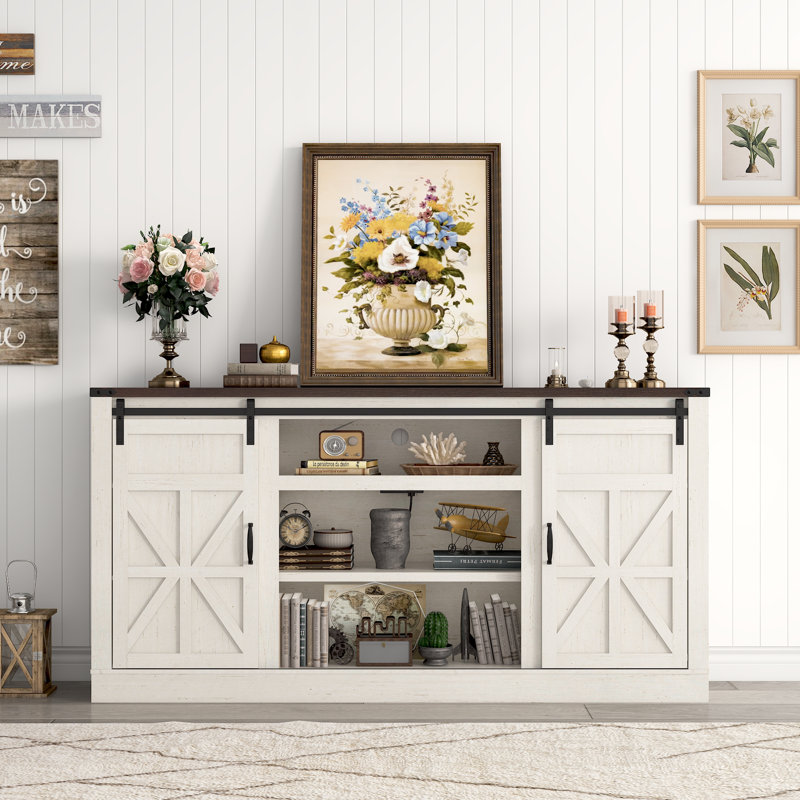 66" Farmhouse TV Stand With Power Outlets For 75 65 Inch TVs, Entertainment Center With Sliding Barn Door & Large Storage Cabinets w/5 Adjustable Shelves, 33" Tall TV Media Console