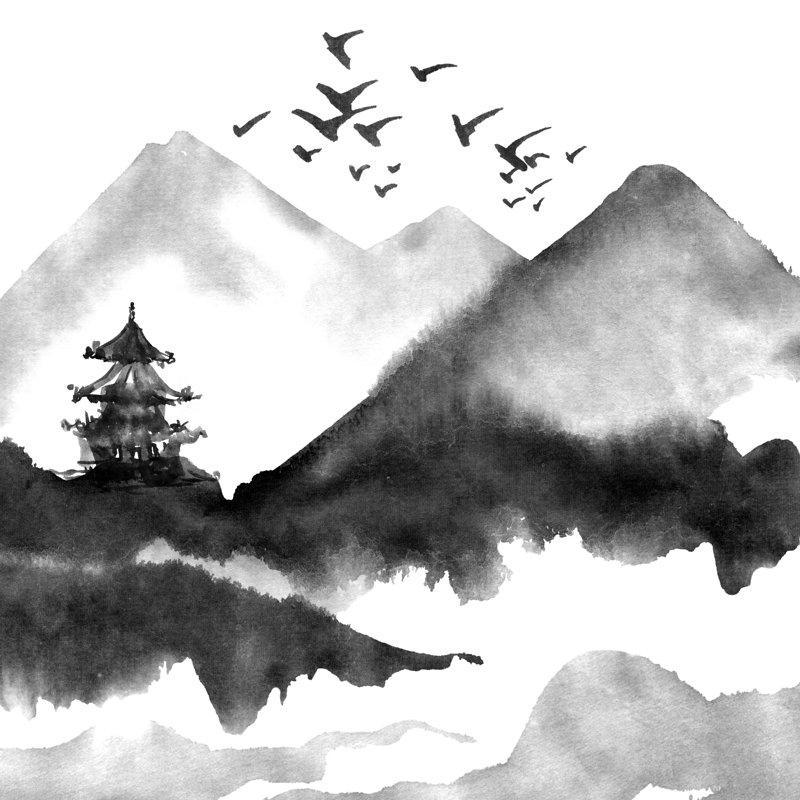 Watercolour Chinese Landscape - Wrapped Canvas Painting, 76cm H x 76cm W