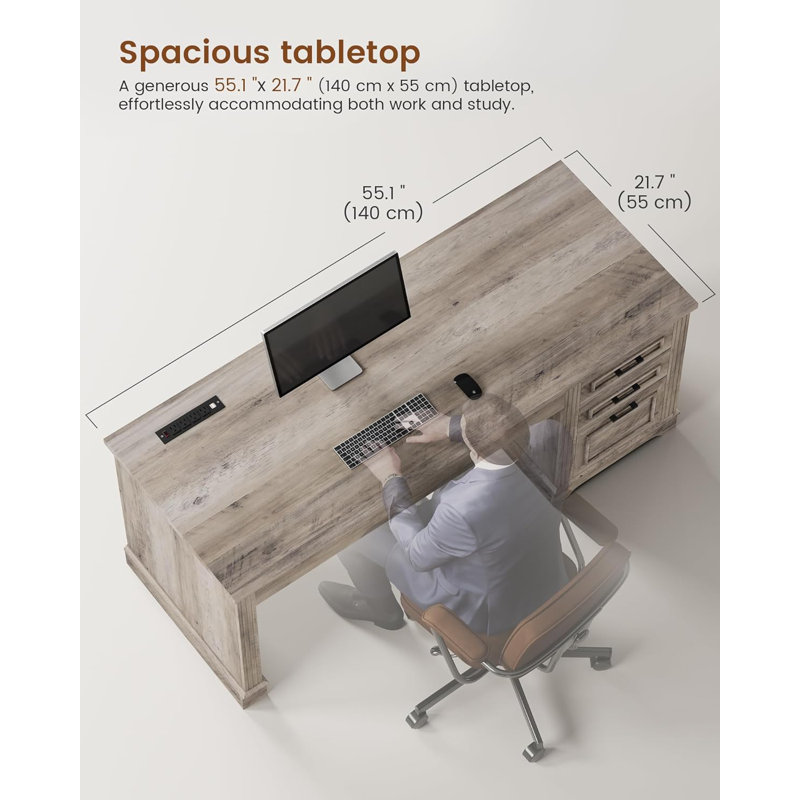 Computer Desk Executive Desk With 3 Drawers, Farmhouse 55" Office Desk With Storage Drawers With Power Outlet For Home Office