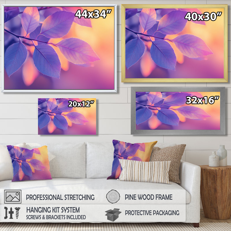 Coucher de soleil coucher de soleil II - feuilles, art mural encadré, H 12 po x l 20 po, Toile tendue, Ne s’applique pas