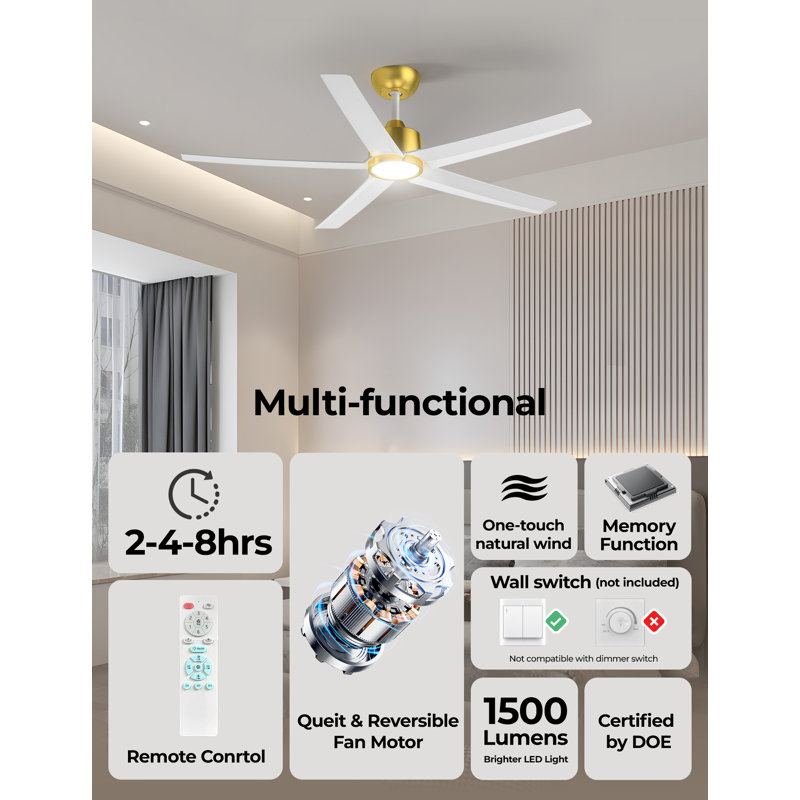 2pcs 52" Ceiling Fan With Led Lights, Gold, White