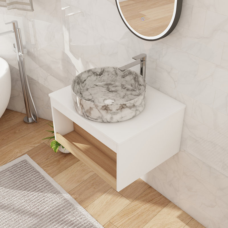 Ensemble de meuble-lavabo mural simple 24 po avec lavabo en céramique et 1 tablette ouverte, L 24 po, Blanc / Gris