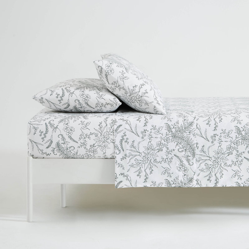 Winter Brush Floral Microfiber Sheet Set Easy Care and Wrinkle Resistant, California King, White/Teal Flowers