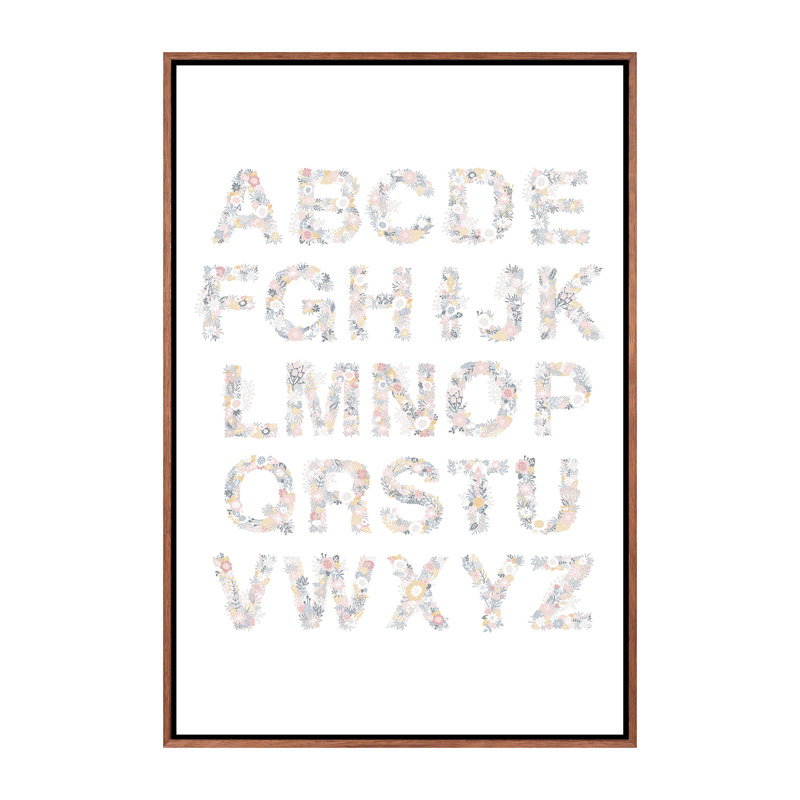Floral Alphabet - reproduction d'art textuel, H 26 po x l 18 po x 1,5 po, Toile avec cadre brun, Pas de tapis