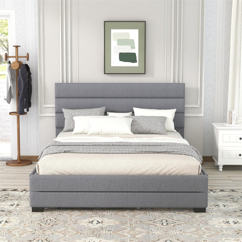Upholstered Platform Bed,Bed Frame With Trundle And Drawers, Gray