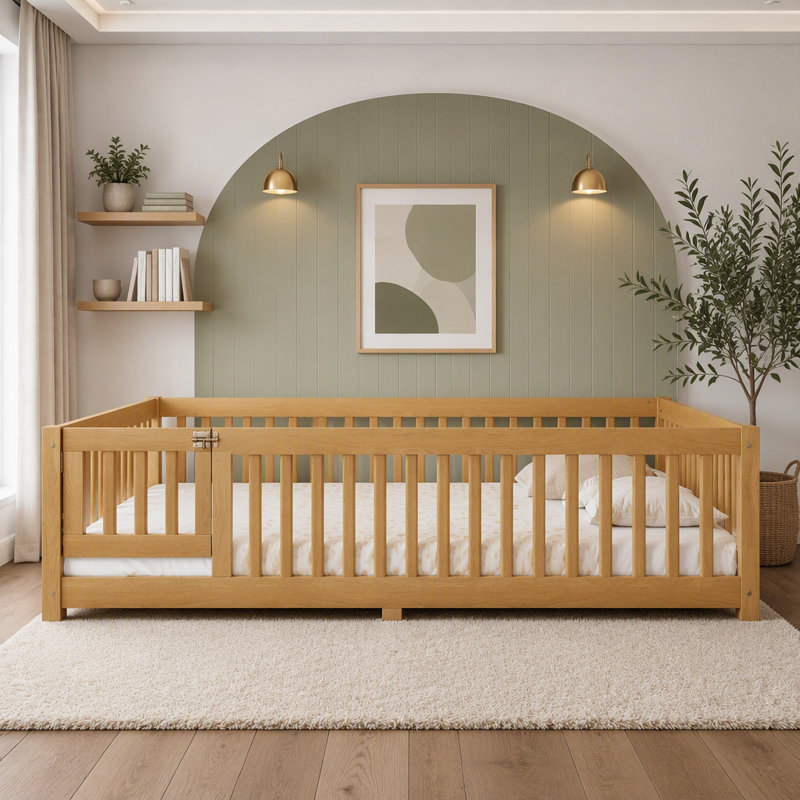 Lit sur pied avec garde-corps et porte pour enfants, Queen, Natural