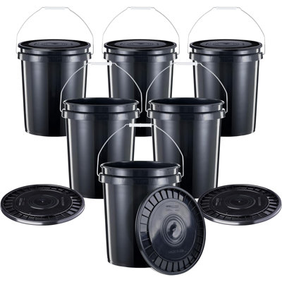 Ensemble de 6 seaux robustes de 5 gallons avec couvercles encliquetables United Solutions - Sans BPA, plastique de qualité alimentaire, rangement polyvalent pour la maison, le bricolage et les chantiers - Noir