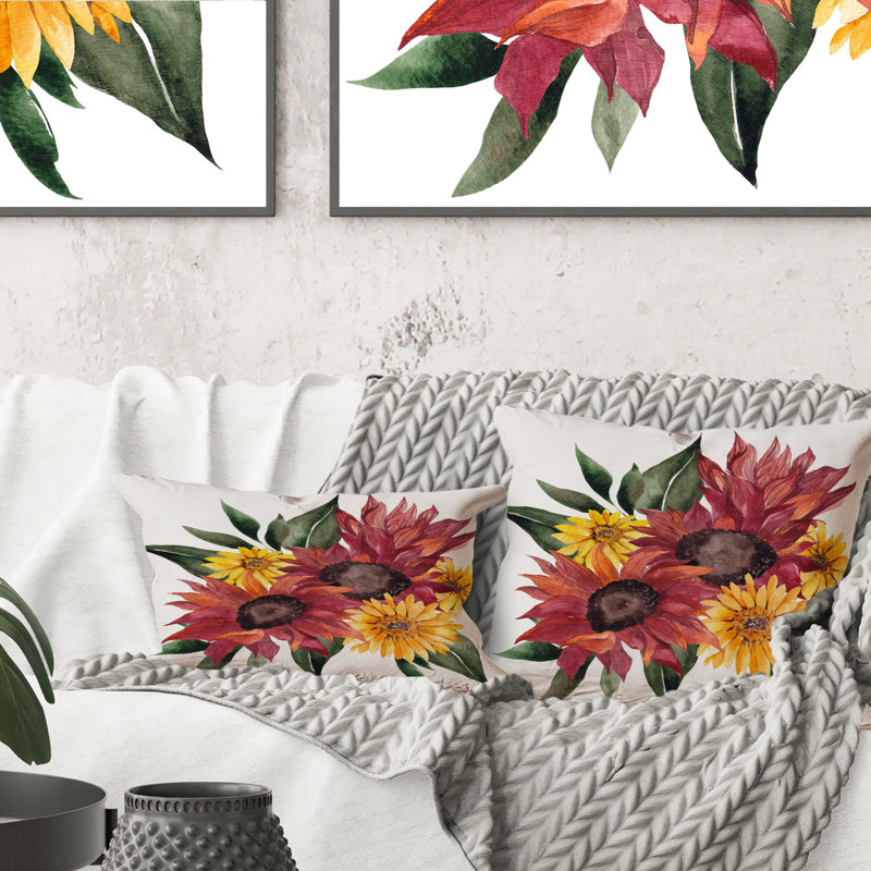 Bouquet d'automne avec fleurs rouges et jaunes II - coussin décoratif traditionnel, 18 po x 18 po