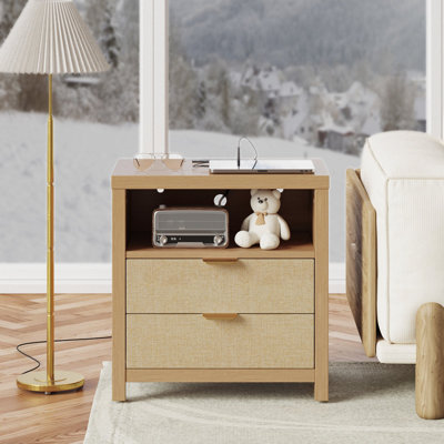 19.7'' Wide Nightstand with 2 Drawers & 2-Tier Open Shelf, Built-In Power Outlets Included