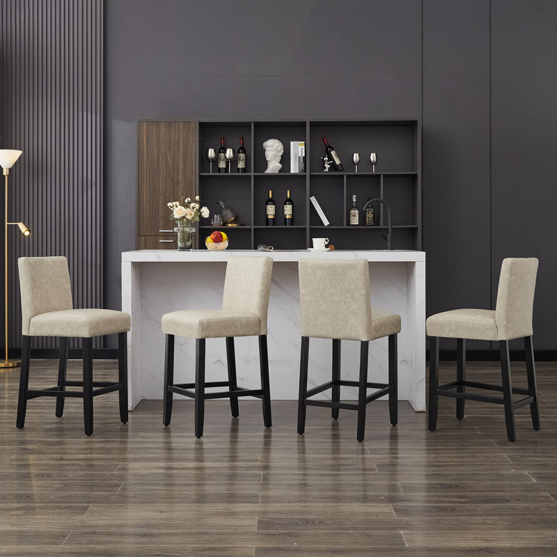 Tabouret de bar rembourré avec structure en bois massif, Beige / similicuir, 1