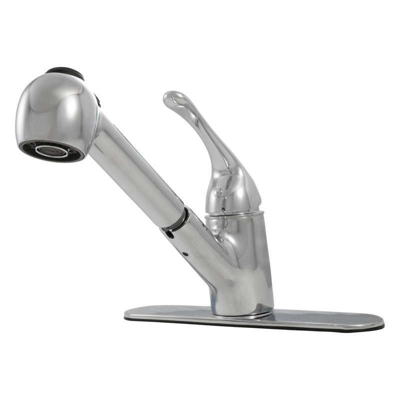 FlowCurve 8 in. Centerset 1-Handle Pull-Out Sprayer Kitchen Faucet with Deckplate in Polished Chrome