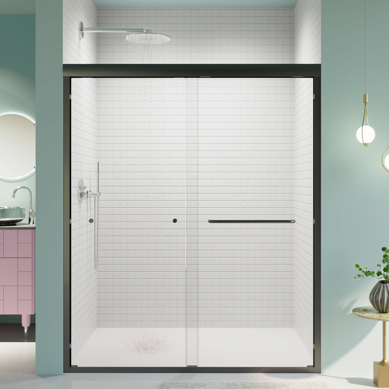 56"-60"W*72" H  Semi-Frameless Double Sliding Shower Door, Bypass Shower Door, 1/4" (6Mm) Thick SGCC Tempered Glass Door,  Matte Black