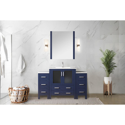 Navy Blue 54 In. Bath Vanity With Side Cabinets, 28 Mirror, Soft Close, Ceramic Top, 8 Drawers & 1 Interior Cabinet, Stain W Featuring White - Closing Mechanism, Scratch Vanity, Multiple Storage For