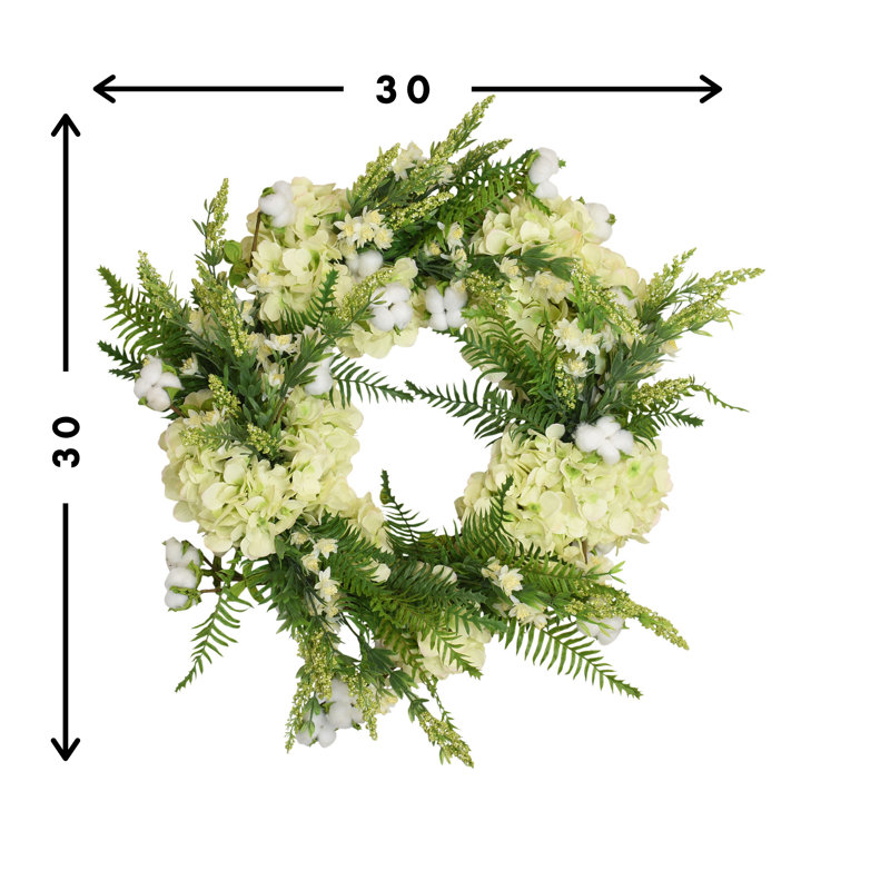 30" Grapevine Wreath With Hydrangea, Fern And Cotton Garland