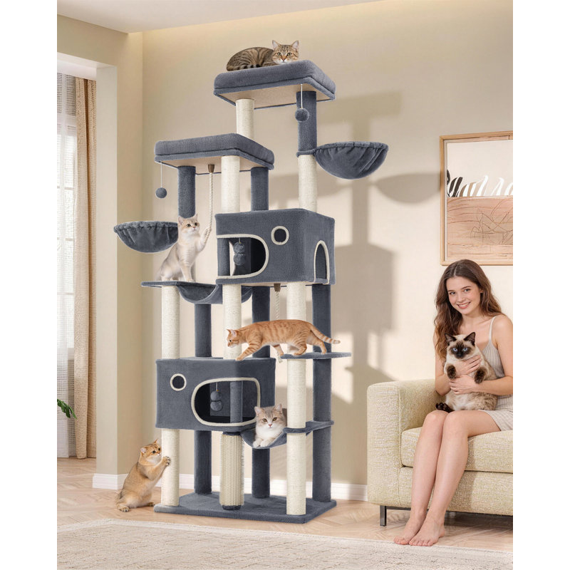 Large Cat Tree, 213 cm Tall Cat Tower for Indoor Cats Large Cats Maine Coon, Extra Large Baseboard, 2 Platforms, 2 Spacious Caves, 10 Sisal Scratching Posts, 2 Hammocks 