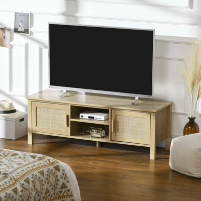 Meuble télé pour téléviseur 60 pouces Boho, meuble télé avec porte en rotin, tablette réglable et armoires de rangement, meuble télé en bois pour salon, chambre à coucher, bois naturel