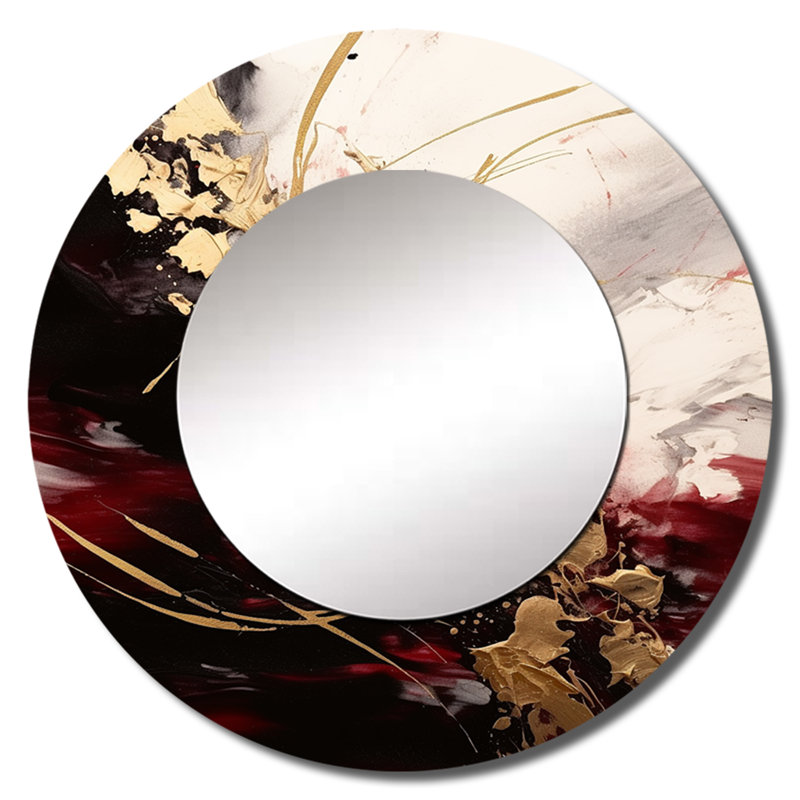 Gold and Red Fluid Fusion I - Abstract Large Mirror, Modern Round Unique Wall Mirror Decor, Printed Metal Art, 36" x 36"