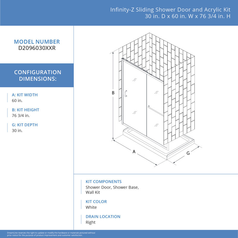 60" W x 30" D x 78" H Semi-Frameless Rectangle Shower Kit, Matte Black