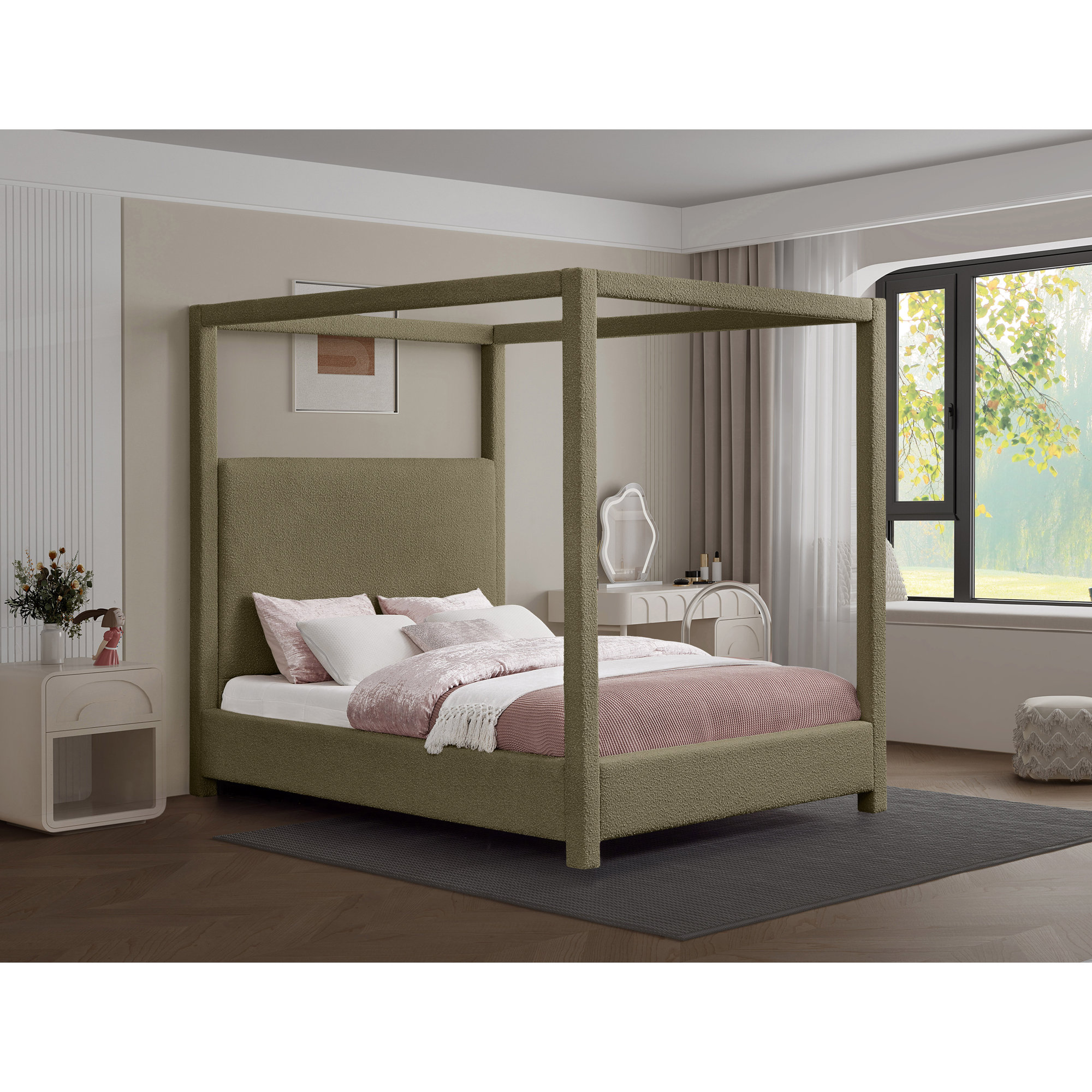 Upholstered Canopy Bed, King, Olive Boucle Fabric