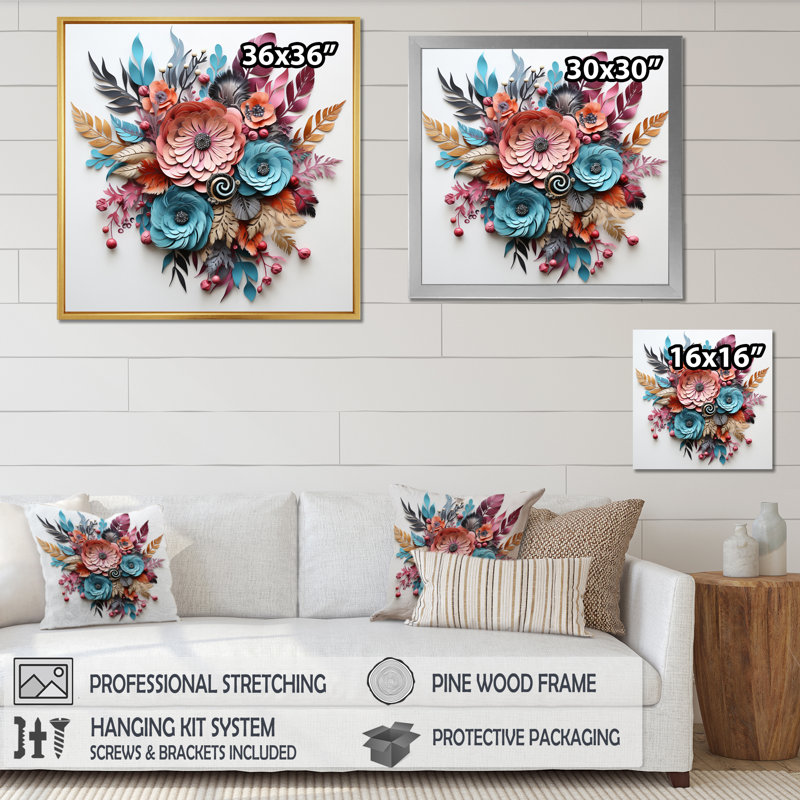 «Boho Flowers Bouquet» en bleu et rose I sur toile, 30" H x 30" W, Cadre flottant noir