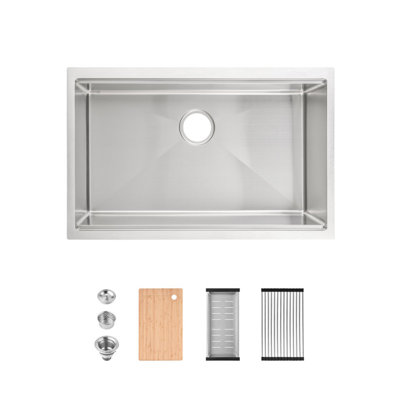 Évier de cuisine en acier inoxydable 30 po x 19 po encastré, bol simple avec planche à découper, passoire, fini, système de drainage efficace 304 à rayures, aspect brossé