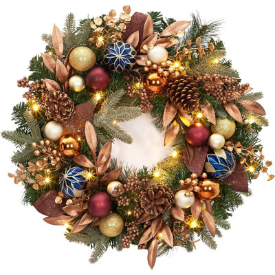 24 Inch Pre-Lit Christmas Wreath with LED Lights, Pine Cones & Berries for Front Door Decor