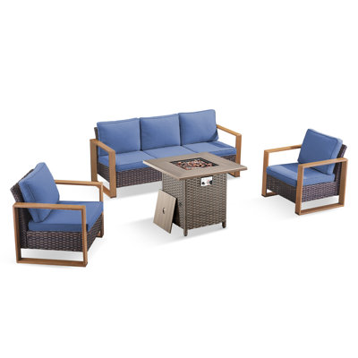 Ensemble de conversation d'extérieur 4 pièces Palomares avec foyer carré, ensemble de conversation de patio en osier pour 5 personnes avec canapé et fauteuils