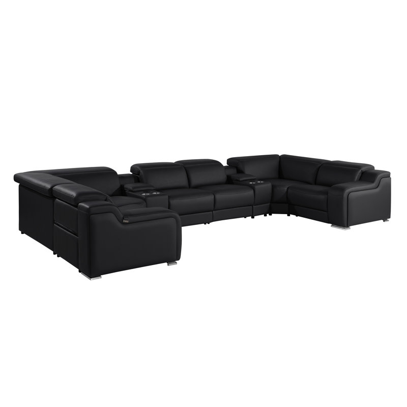 Stanwin 8 - Piece Top Grain Italian Leather Power Reclining Corner Sectional, Black Genuine Leather