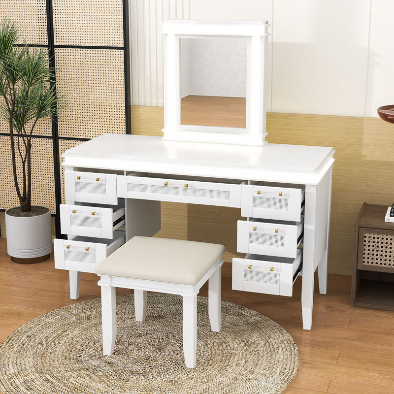 Bureau de coiffeuse avec miroir à DEL, 7 tiroirs, tabouret rembourré, conception à tiroir creux classique, Beige clair