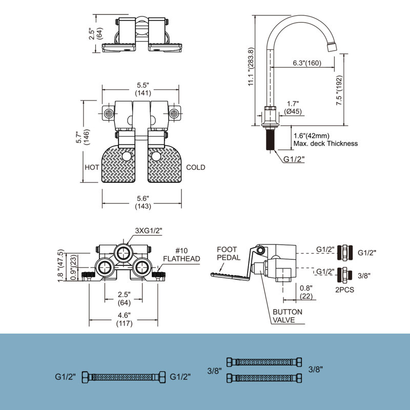 Dual Foot Pedal Faucet Double Handle Deck Mounted Bathroom Faucet With Pedal Valve And Supply Lines