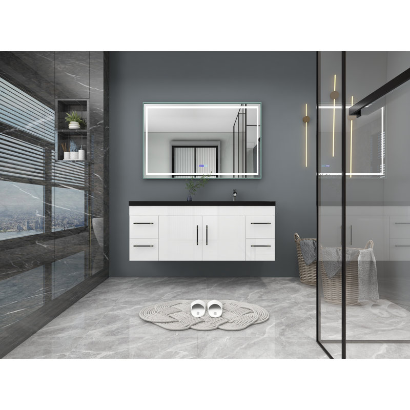 Ensemble de meuble-lavabo mural simple 60 po Campfort, Blanc très luisant, Noir mat