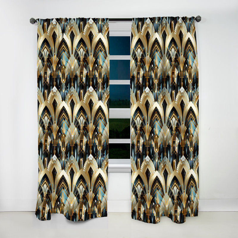 Art déco damas bleu et doré des années 1970 - rideau glamour - obscurcissement de la pièce en velours - 1 panneau