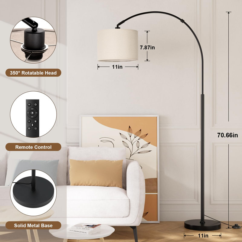 Lampadaire arqué à intensité variable avec télécommande, température de couleur réglable, tête pivotante, interrupteur au pied et télécommande, idéal pour le salon, la chambre ou le bureau, à placer au-dessus d'un canapé, beige foncé et noir.