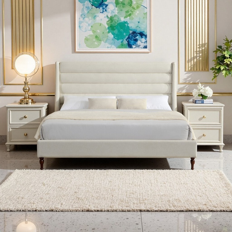Très grande base de lit tapissier avec tête de lit Wave, tissu chenille ivoire de qualité supérieure, aucun sommier requis, assemblage facile